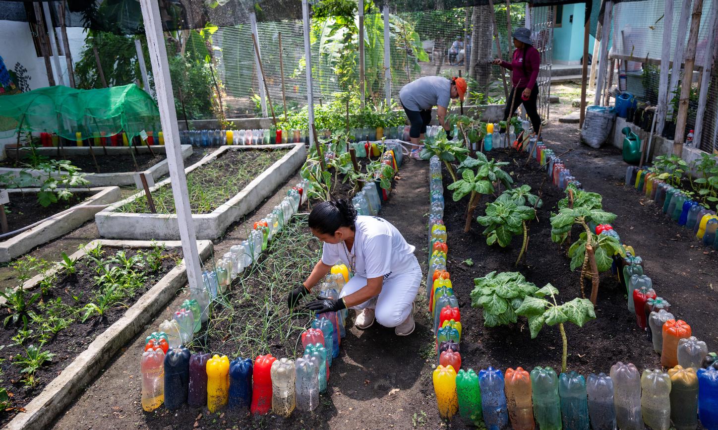 Zwei Frauen arbeiten im Kräuter- und Gemüsegarten