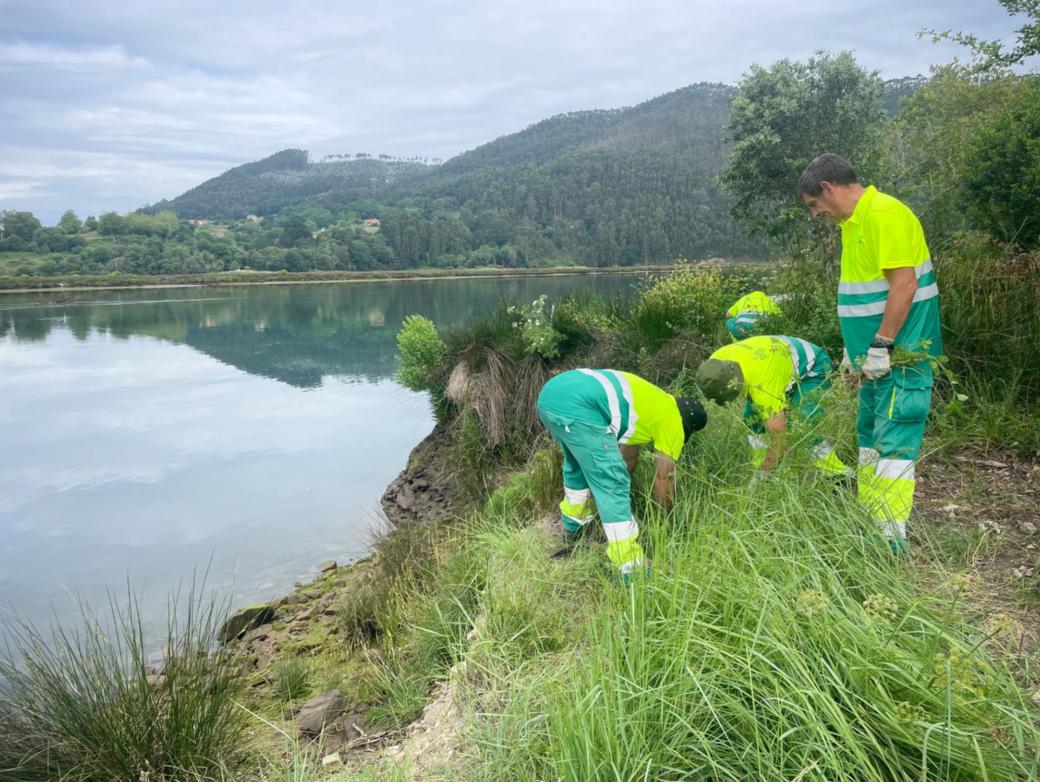Männer in Arbeitskleidung arbeiten an einem See