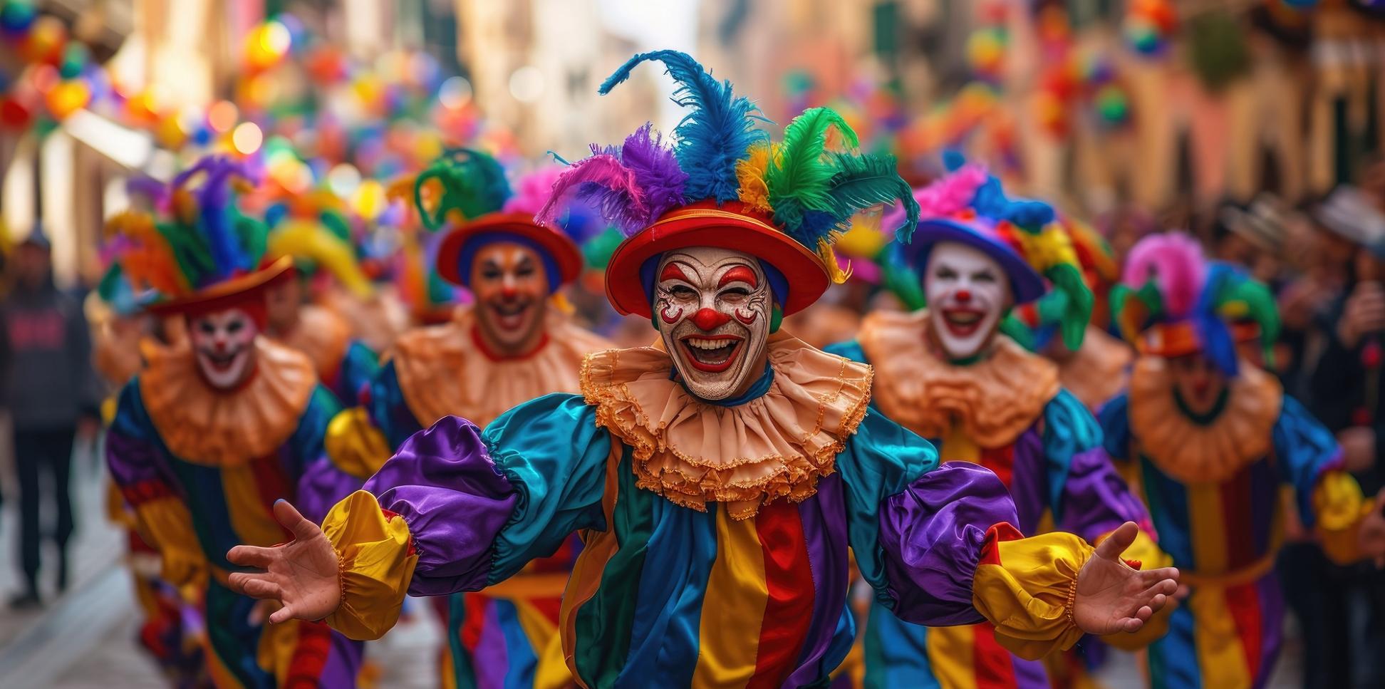 Bunt geschminkte und verkleidete Männer beim Karnevalsumzug.