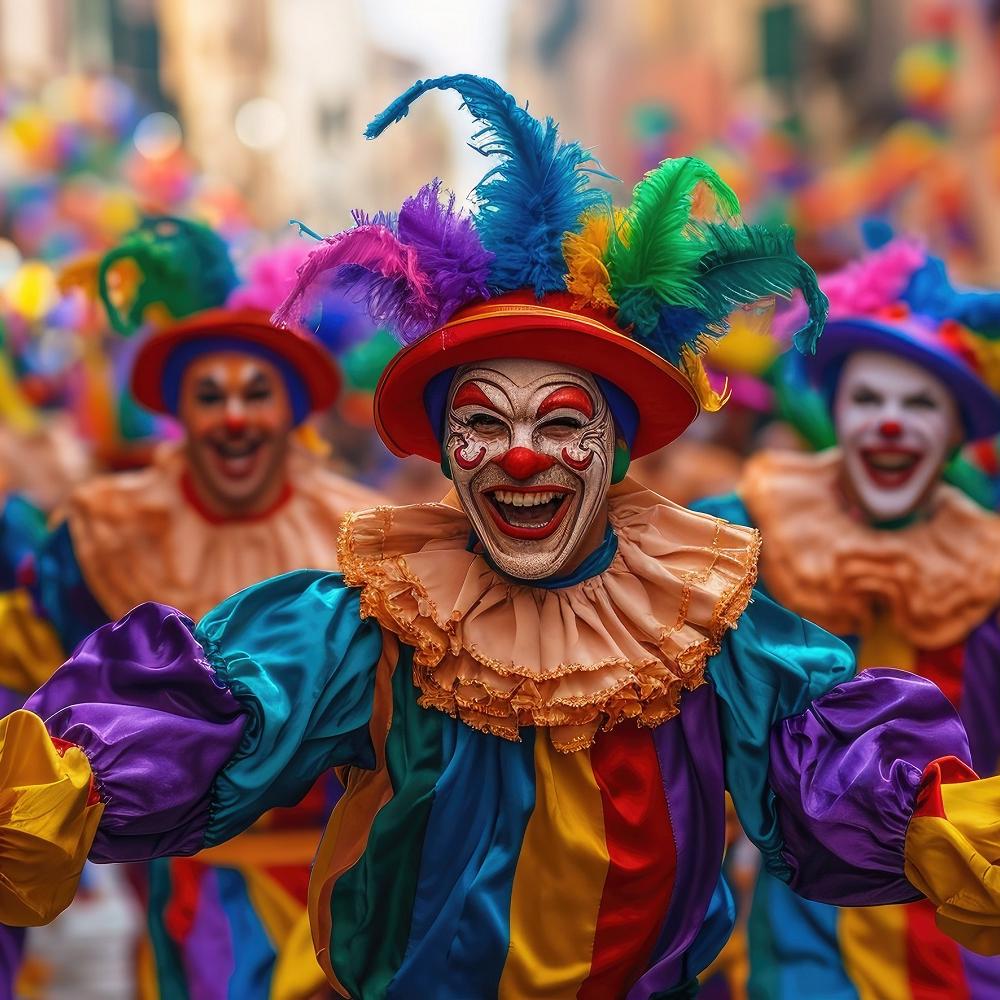 Bunt geschminkte und verkleidete Männer beim Karnevalsumzug.