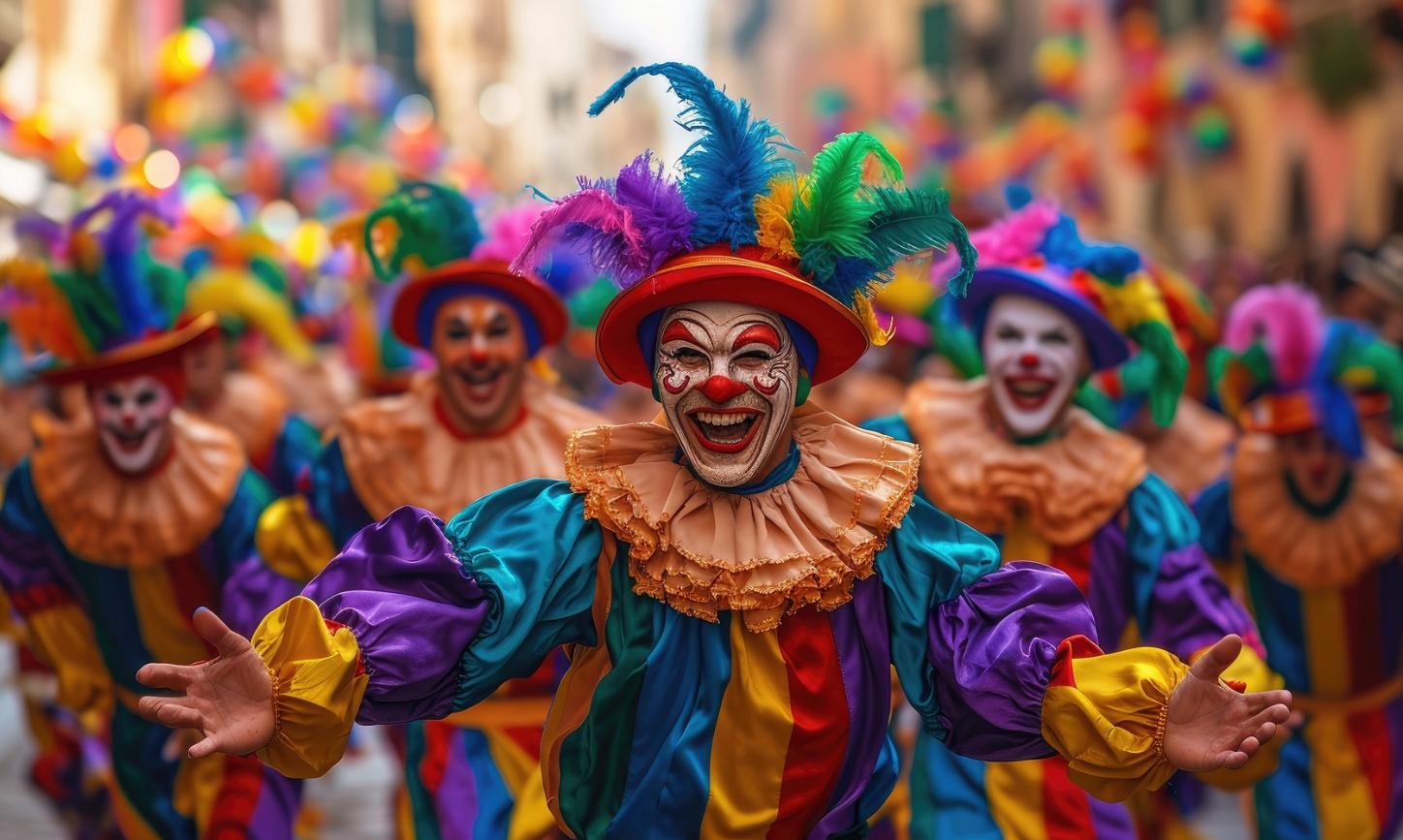 Bunt geschminkte und verkleidete Männer beim Karnevalsumzug.