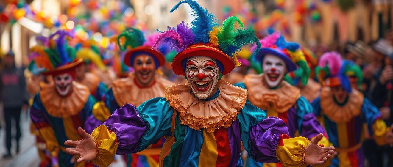 Bunt geschminkte und verkleidete Männer beim Karnevalsumzug.