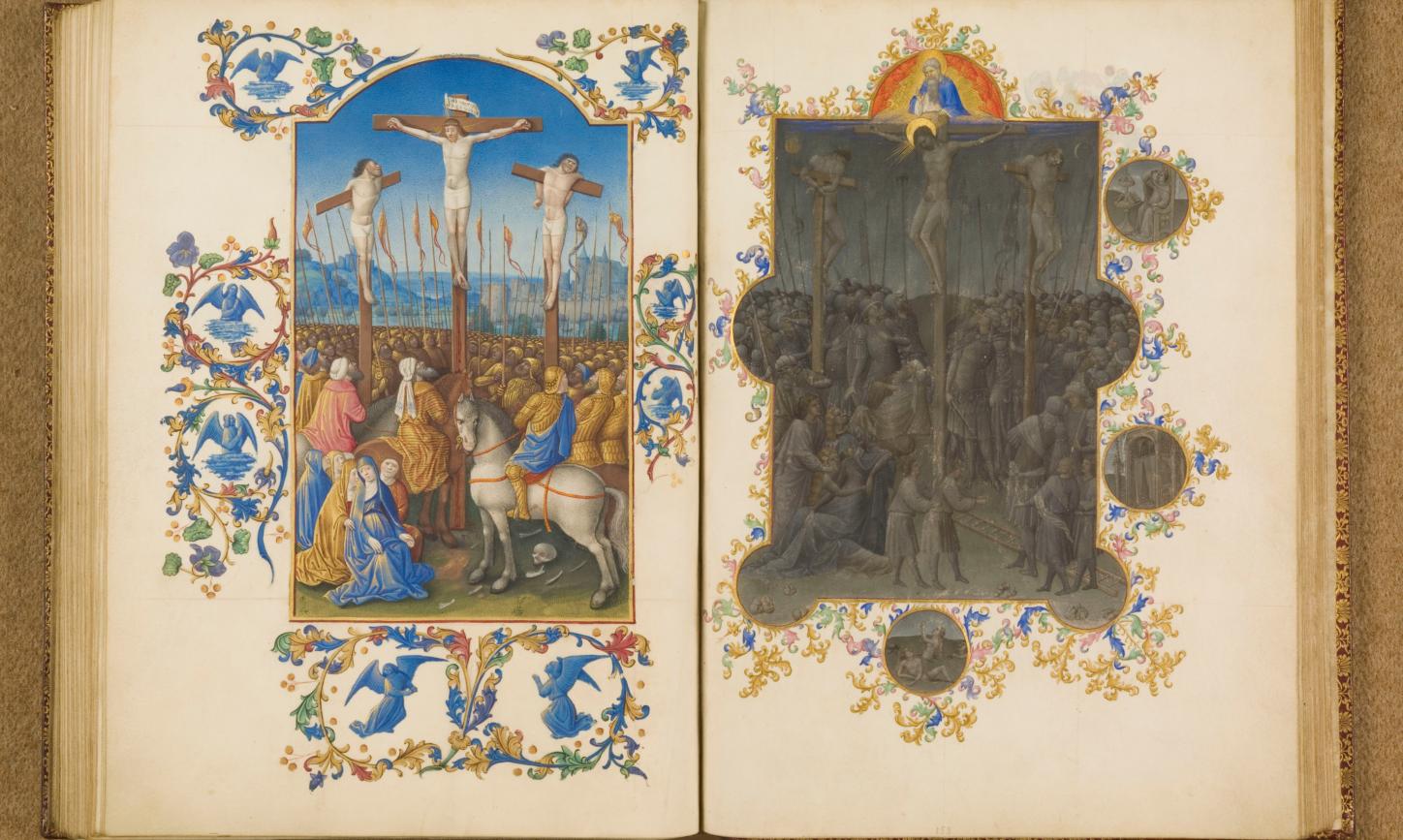 Die Kreuzigung Christi ist eines der Motive, das auf einer Doppelseite des Stundenbuchs dargestellt ist.