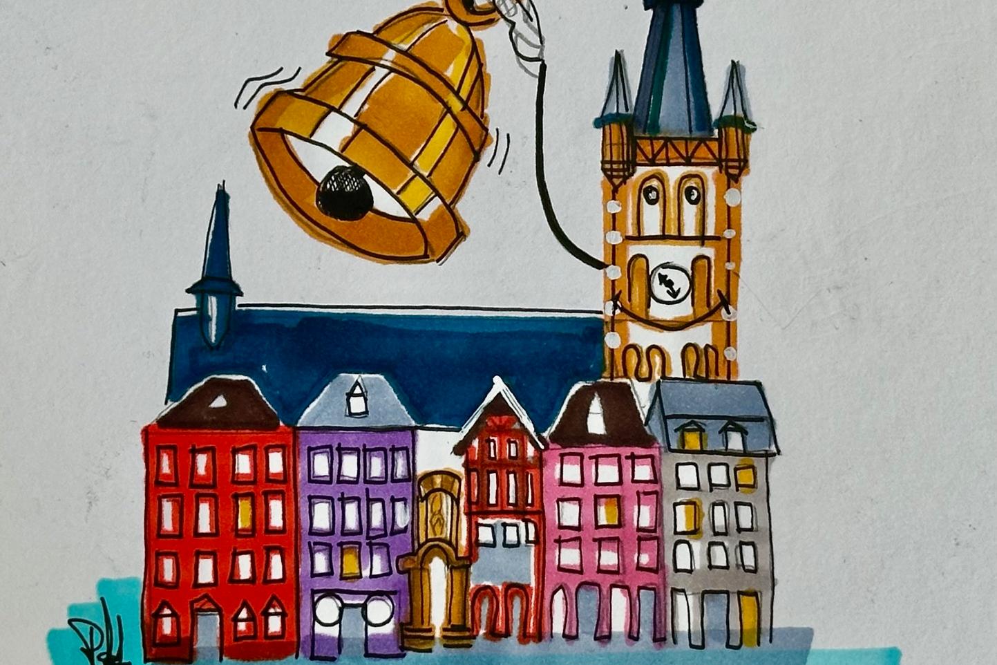 Zeichnung des Trierer Hauptmarktes. St. Gangolf mit 'Lumpenglocke'.