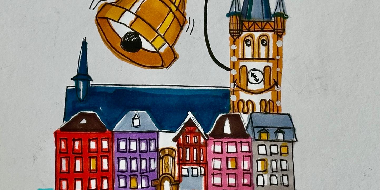 Zeichnung des Trierer Hauptmarktes. St. Gangolf mit 'Lumpenglocke'.