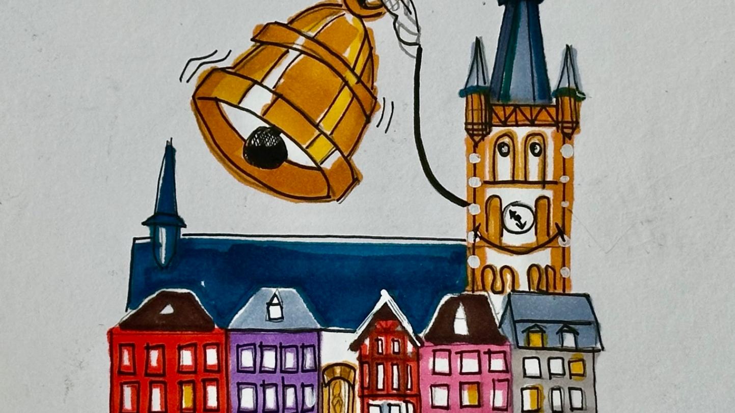 Zeichnung des Trierer Hauptmarktes. St. Gangolf mit 'Lumpenglocke'.