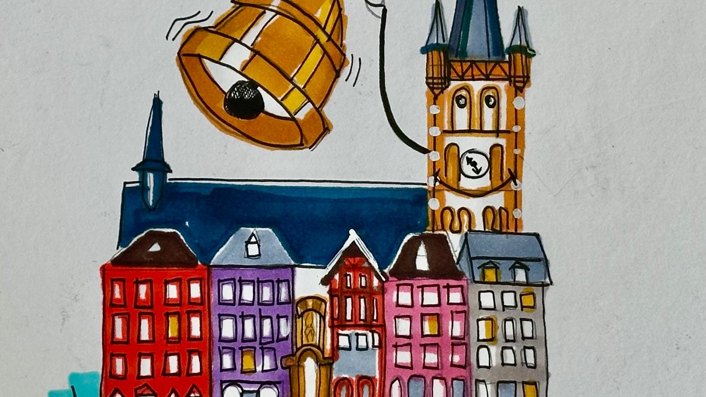 Zeichnung des Trierer Hauptmarktes. St. Gangolf mit 'Lumpenglocke'.