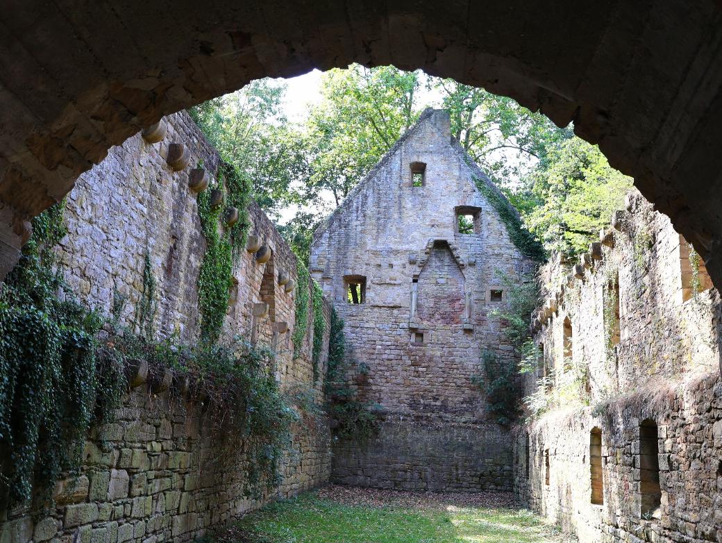 Blick durch einen Torbogen in die Klosterruine des Disibodenbergs.