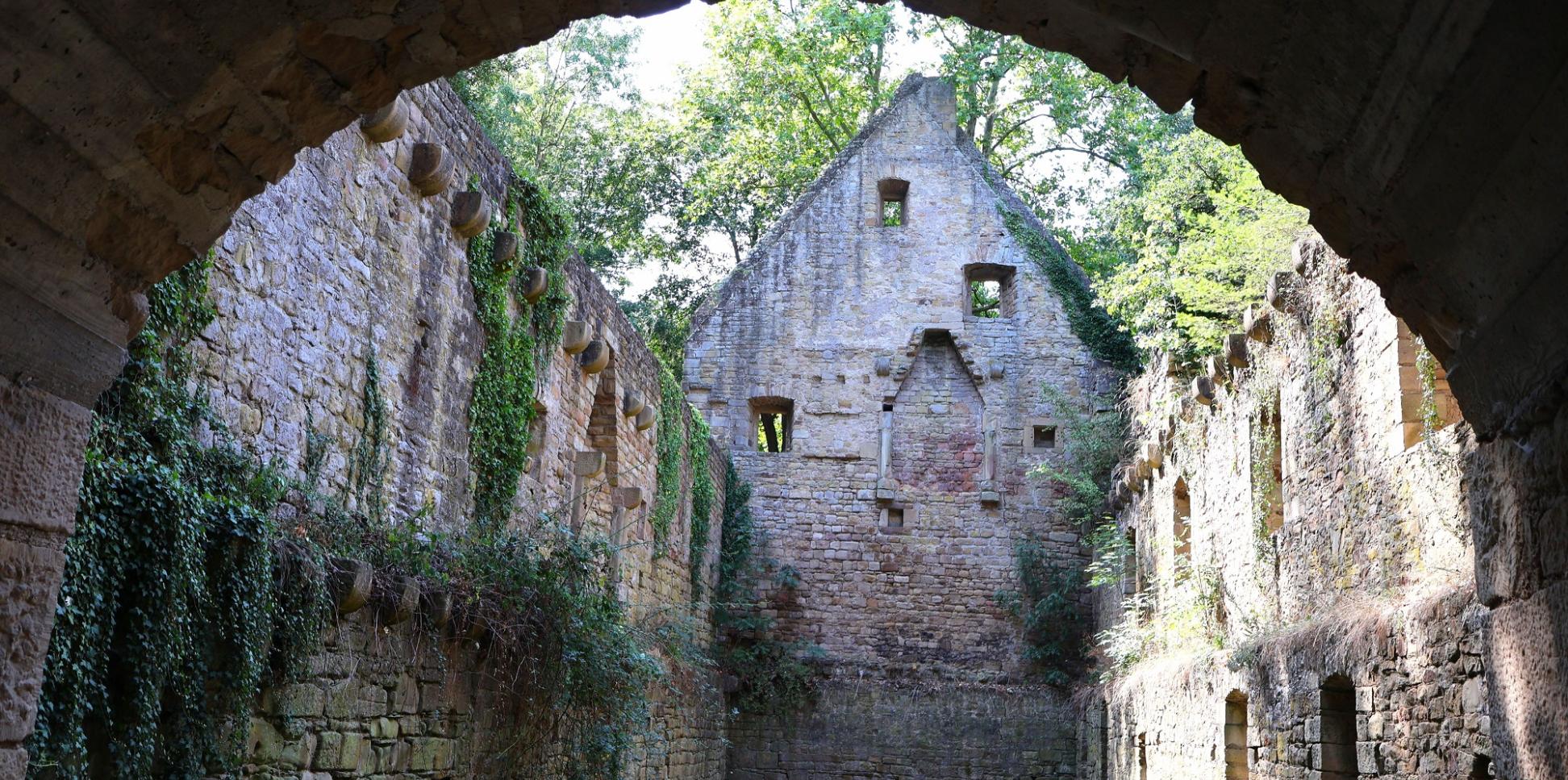 Blick durch einen Torbogen in die Klosterruine des Disibodenbergs.