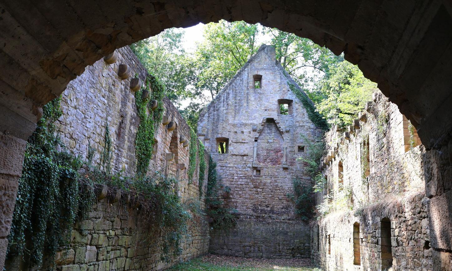 Blick durch einen Torbogen in die Klosterruine des Disibodenbergs.