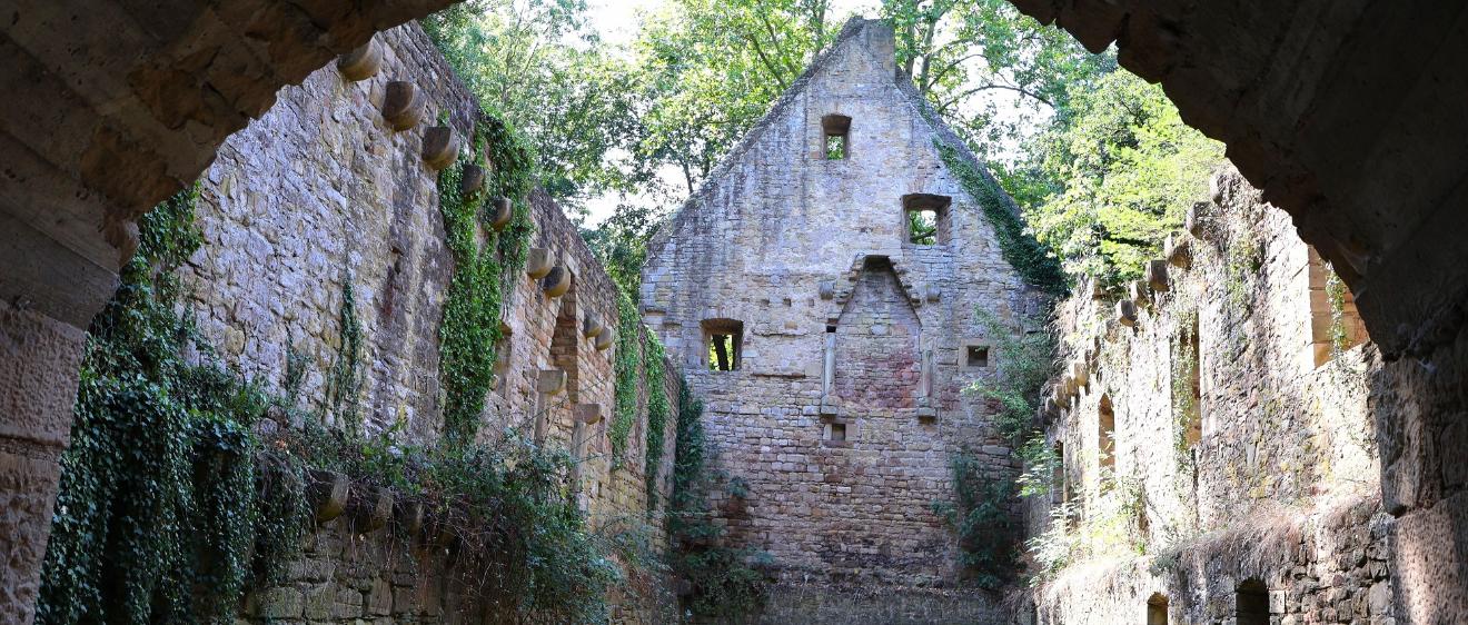 Blick durch einen Torbogen in die Klosterruine des Disibodenbergs.