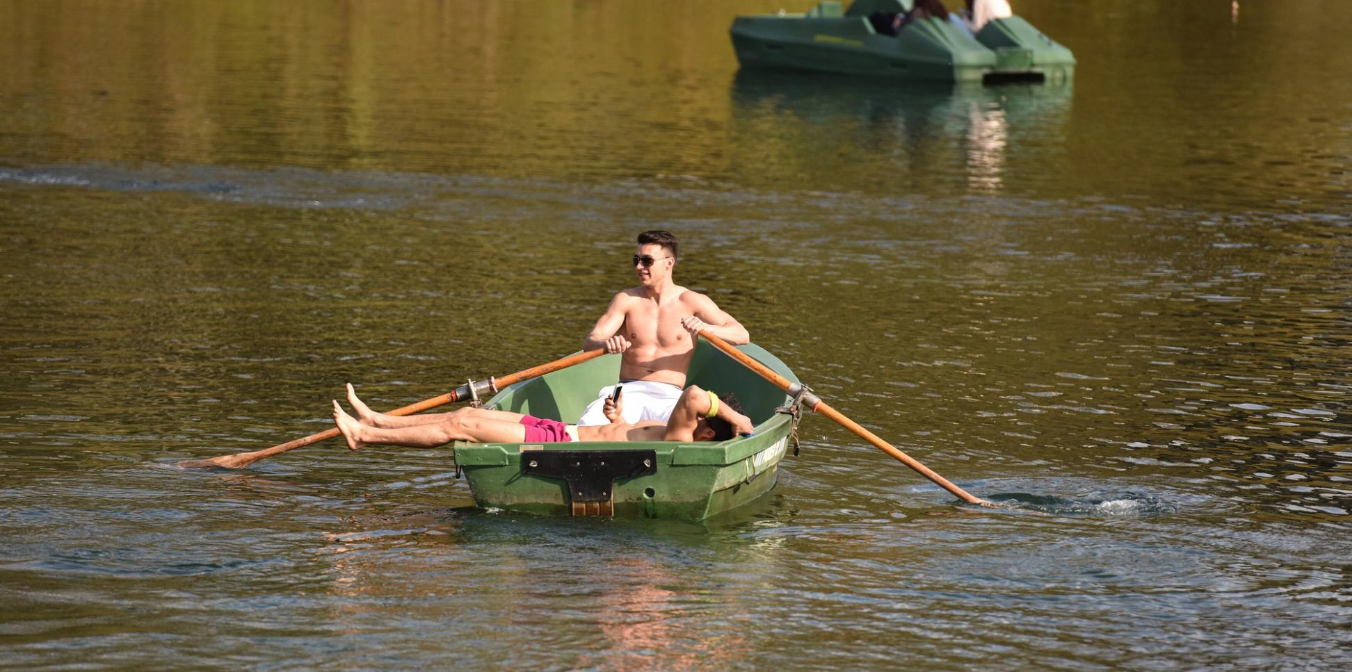 Zwei Männer fahren mit einem Ruderboot auf einem See im Park Rheinaue in Bonn.