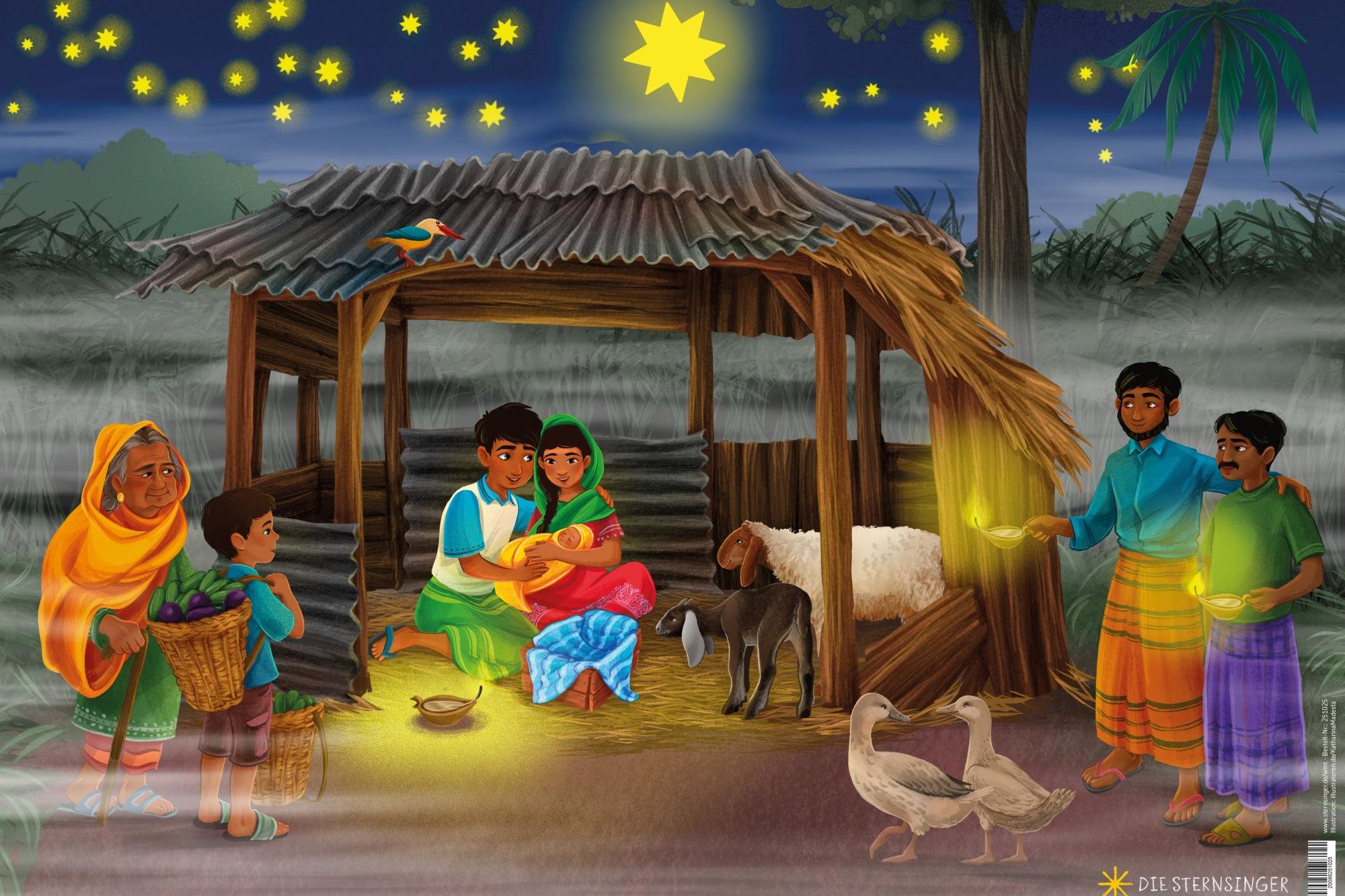 Das Plakat zur Aktion versetzt die Geburt Jesu nach Bangladesch.