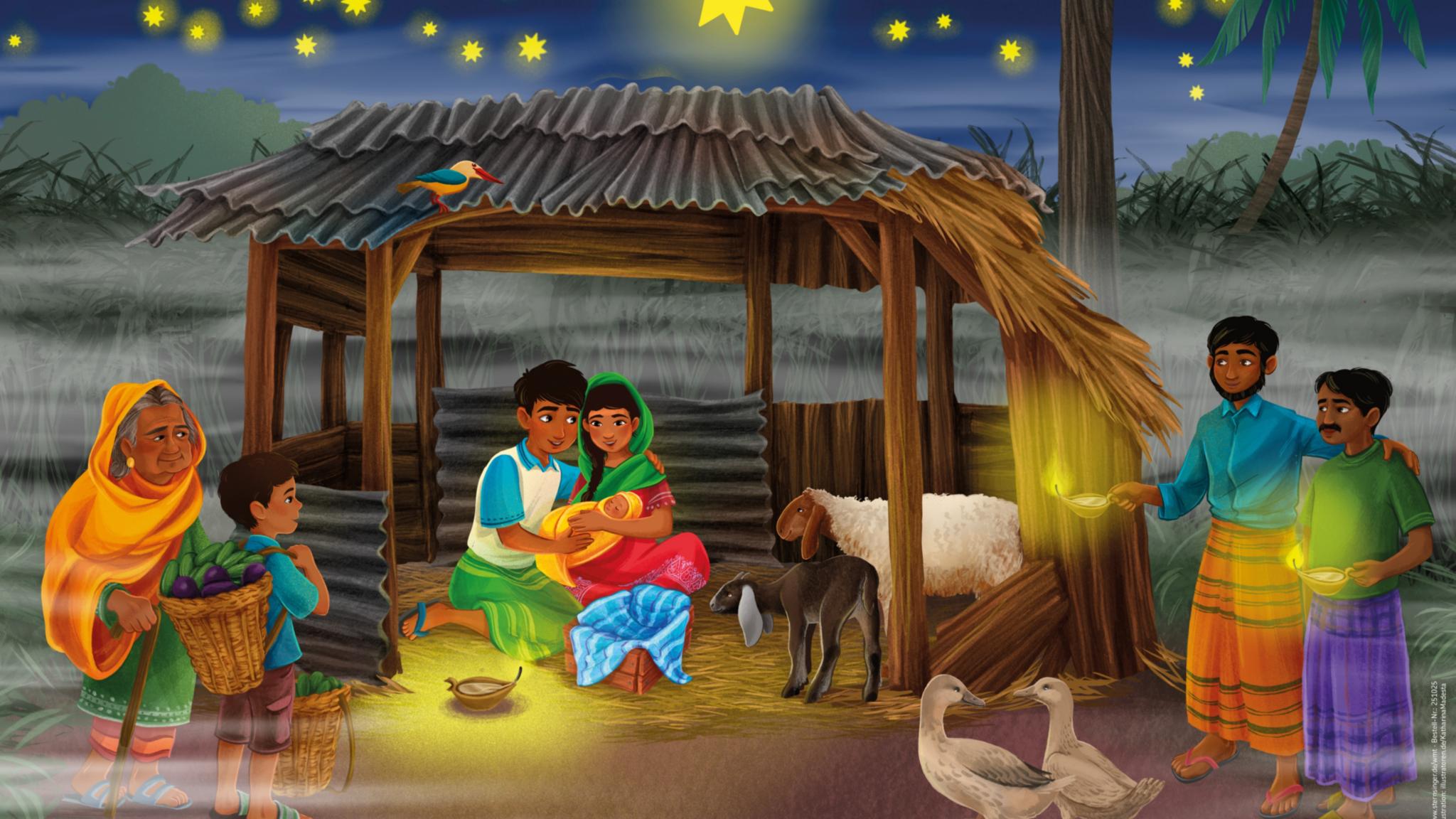 Das Plakat zur Aktion versetzt die Geburt Jesu nach Bangladesch.