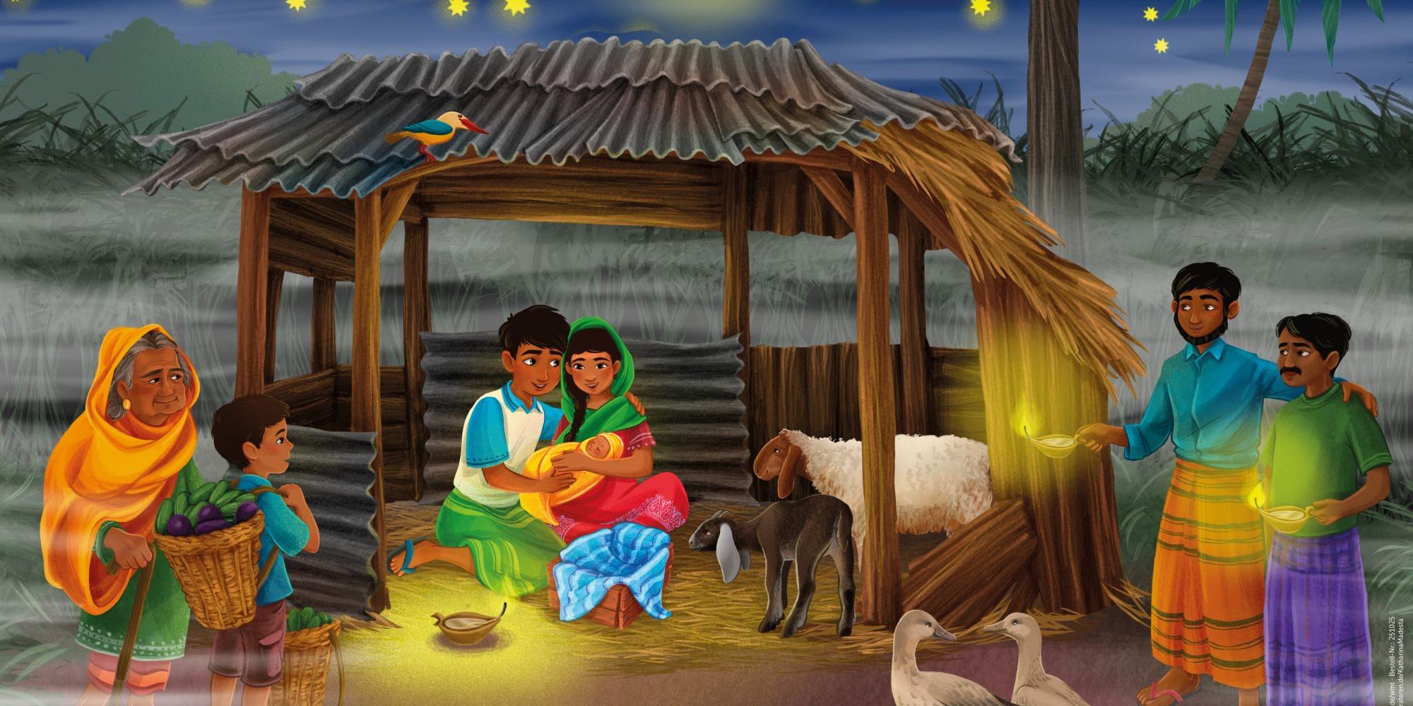 Das Plakat zur Aktion versetzt die Geburt Jesu nach Bangladesch.