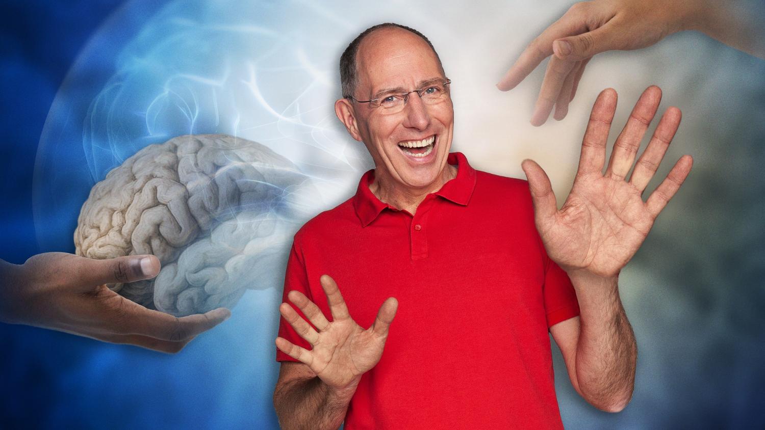 Ein Mann zeigt seine Hände. Im Hintergrund ein Zusammenschnitt aus Händen und Gehirn